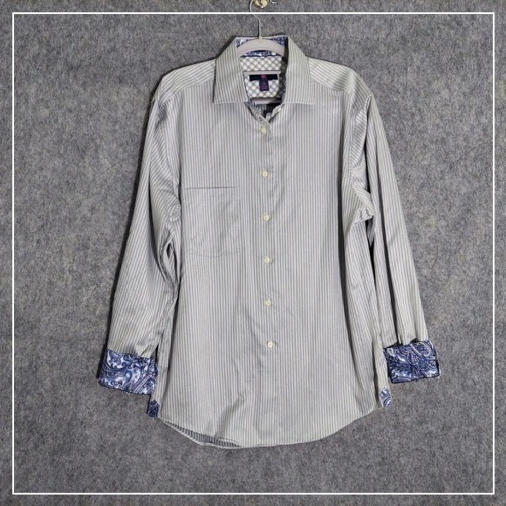 Egara Men Shirt L 16.5 Button Collared Non Iron Long Slv Stripe Flip Cuff casual